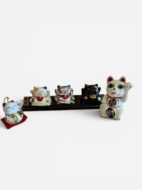 Set of Decorative Maneki Neko Lucky Cat Figurines - Collectible